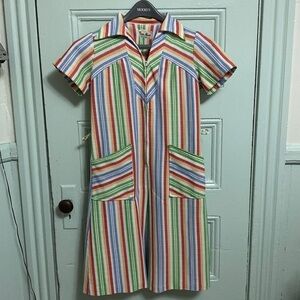 Vintage 1970s Striped Summer Dress with Pockets and Zipper Front Women’s Size S